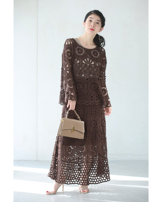 柔らかなクロシェカットソーとスカートの2点セット【set】