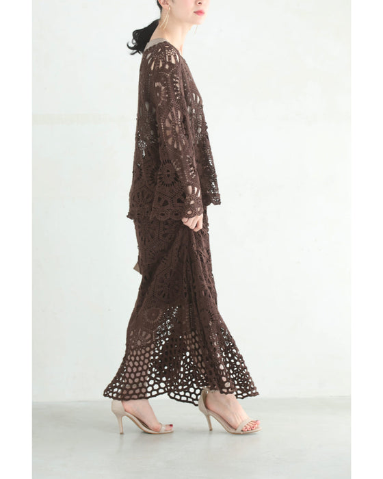 柔らかなクロシェカットソーとスカートの2点セット【set】