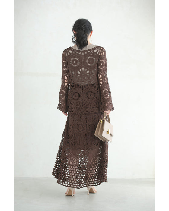 柔らかなクロシェカットソーとスカートの2点セット【set】