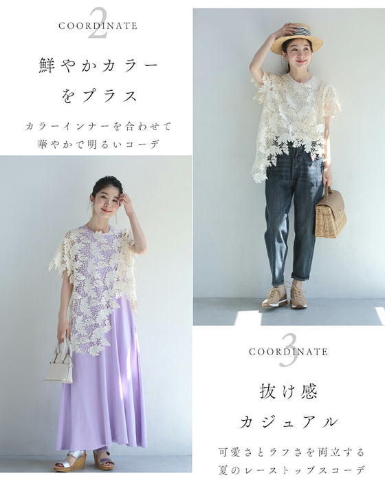 光が美しく透ける木漏れ日レースのアシンメトリーカットソートップス