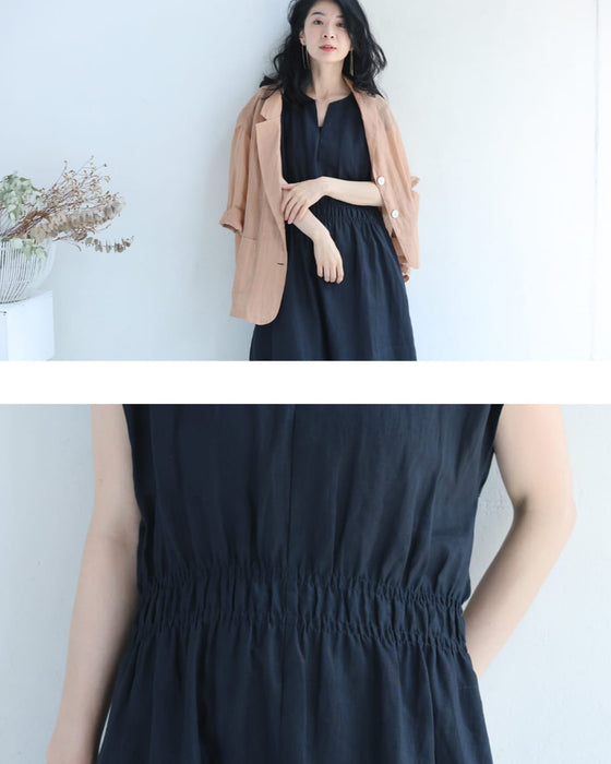 ウエストシェイプの涼しいキーネックリネンロングワンピース