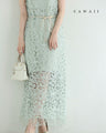 爽やかなペールカラーレースの裾フリンジロングワンピース(紐ベルト付き)