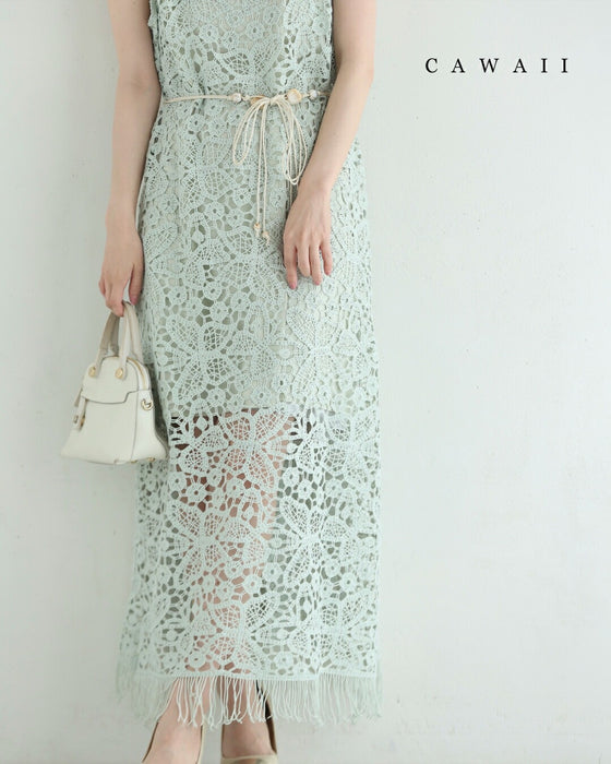 爽やかなペールカラーレースの裾フリンジロングワンピース(紐ベルト付き)