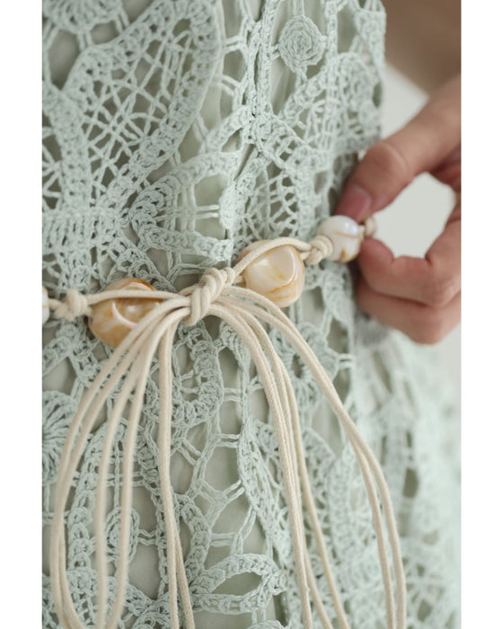 爽やかなペールカラーレースの裾フリンジロングワンピース(紐ベルト付き)