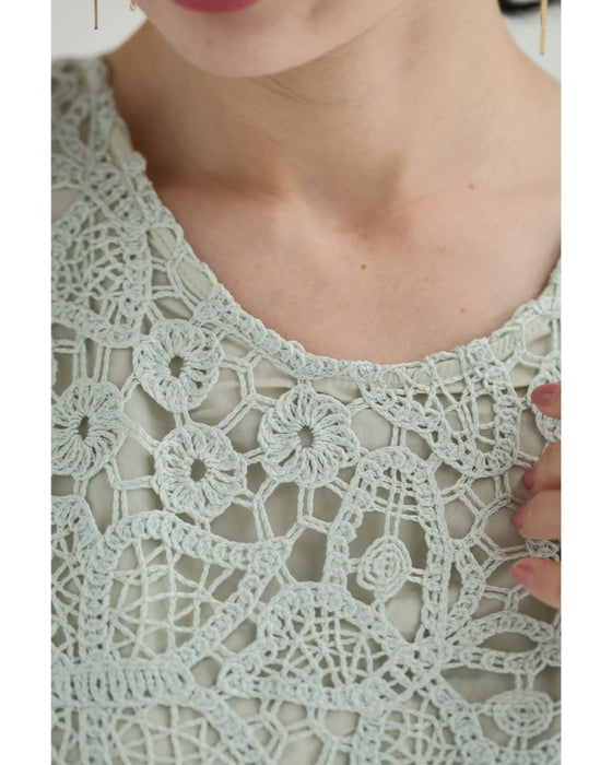 爽やかなペールカラーレースの裾フリンジロングワンピース(紐ベルト付き)