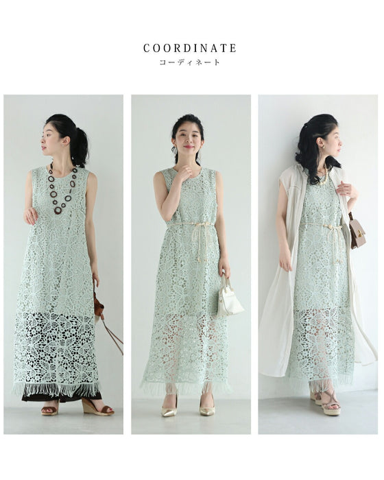 爽やかなペールカラーレースの裾フリンジロングワンピース(紐ベルト付き)
