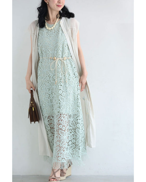 爽やかなペールカラーレースの裾フリンジロングワンピース(紐ベルト付き)