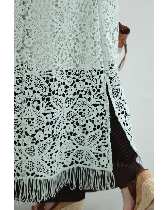 爽やかなペールカラーレースの裾フリンジロングワンピース(紐ベルト付き)