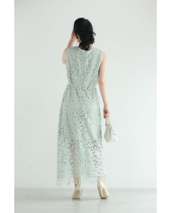 爽やかなペールカラーレースの裾フリンジロングワンピース(紐ベルト付き)