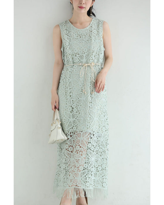 爽やかなペールカラーレースの裾フリンジロングワンピース(紐ベルト付き)