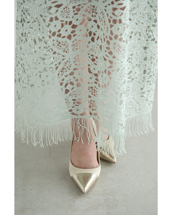 爽やかなペールカラーレースの裾フリンジロングワンピース(紐ベルト付き)