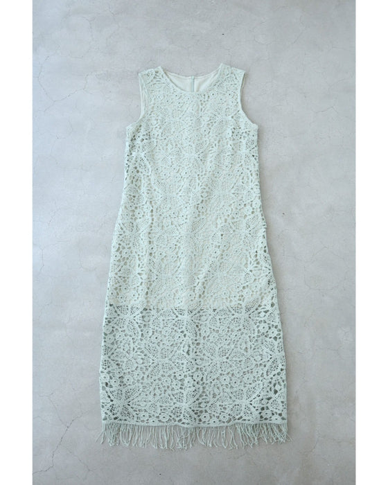 爽やかなペールカラーレースの裾フリンジロングワンピース(紐ベルト付き)