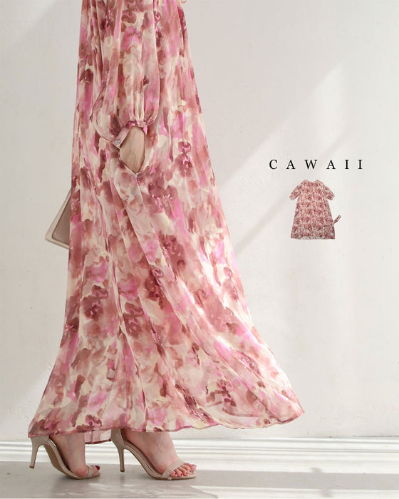 色が滲む花咲くシアーロングワンピース(リボンベルト付き)