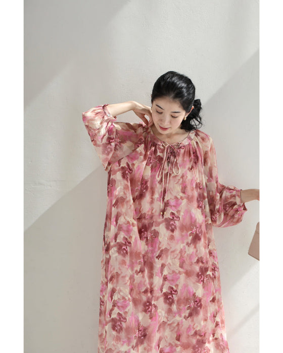 色が滲む花咲くシアーロングワンピース(リボンベルト付き)