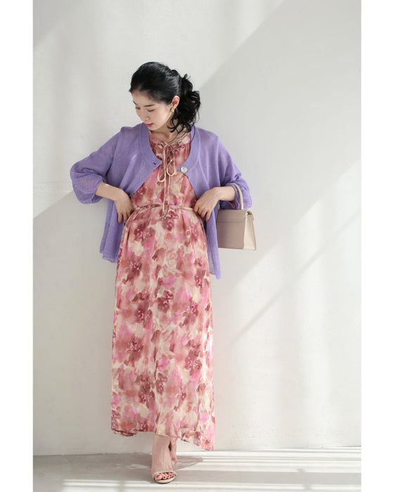 色が滲む花咲くシアーロングワンピース(リボンベルト付き)