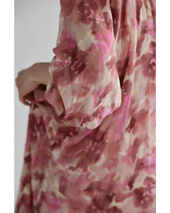 色が滲む花咲くシアーロングワンピース(リボンベルト付き)