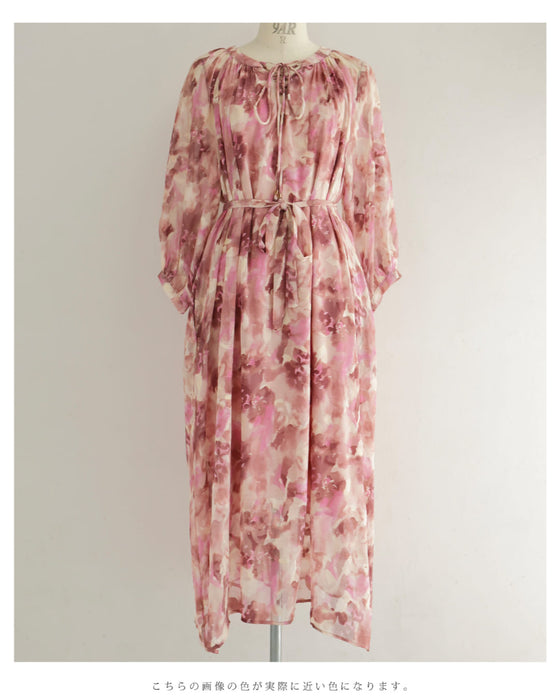 色が滲む花咲くシアーロングワンピース(リボンベルト付き)