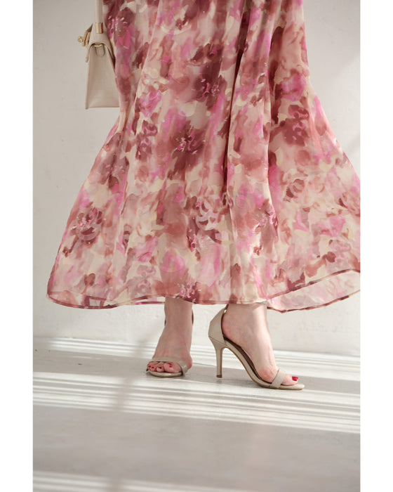 色が滲む花咲くシアーロングワンピース(リボンベルト付き)