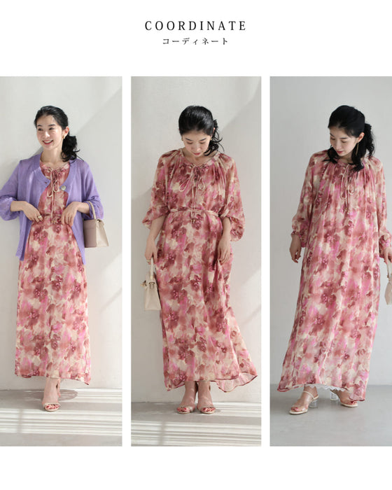 色が滲む花咲くシアーロングワンピース(リボンベルト付き)