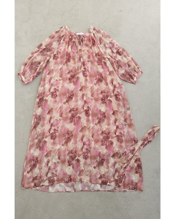 色が滲む花咲くシアーロングワンピース(リボンベルト付き)