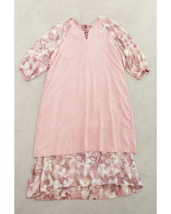 色が滲む花咲くシアーロングワンピース(リボンベルト付き)