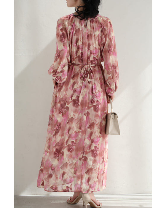 色が滲む花咲くシアーロングワンピース(リボンベルト付き)