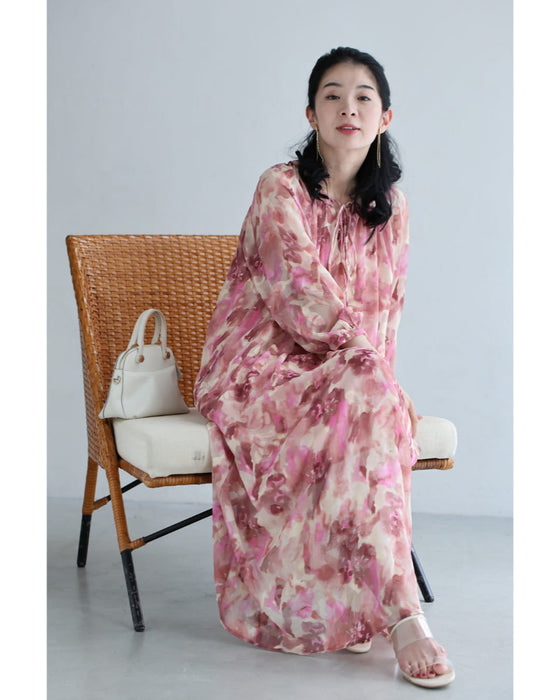 色が滲む花咲くシアーロングワンピース(リボンベルト付き)