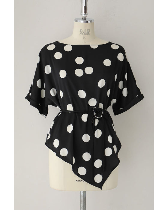 艶めくドット柄プルオーバートップス(コサージュベルト付き)