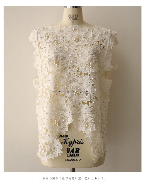 着飾るパールの花レースカットソートップス