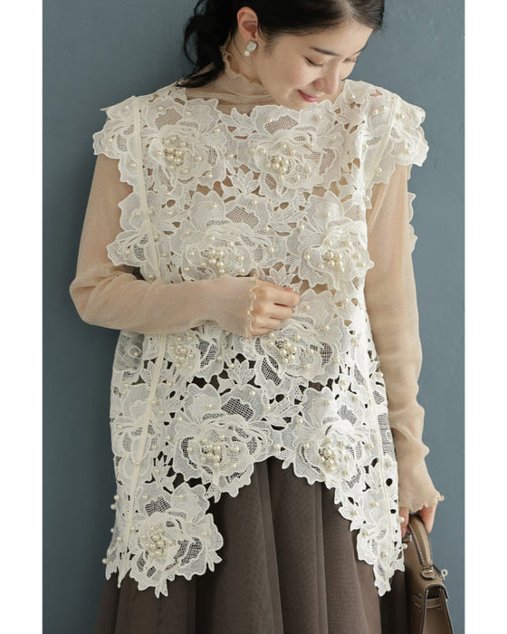 着飾るパールの花レースカットソートップス