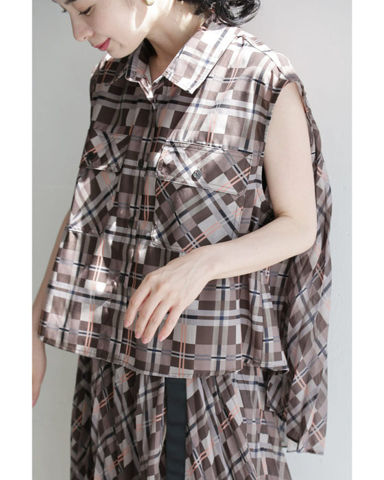広がるバックプリーツのチェックシャツトップス