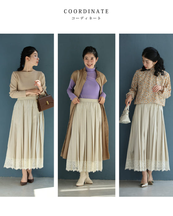 上品なレースを添えた切り替えプリーツロングスカート
