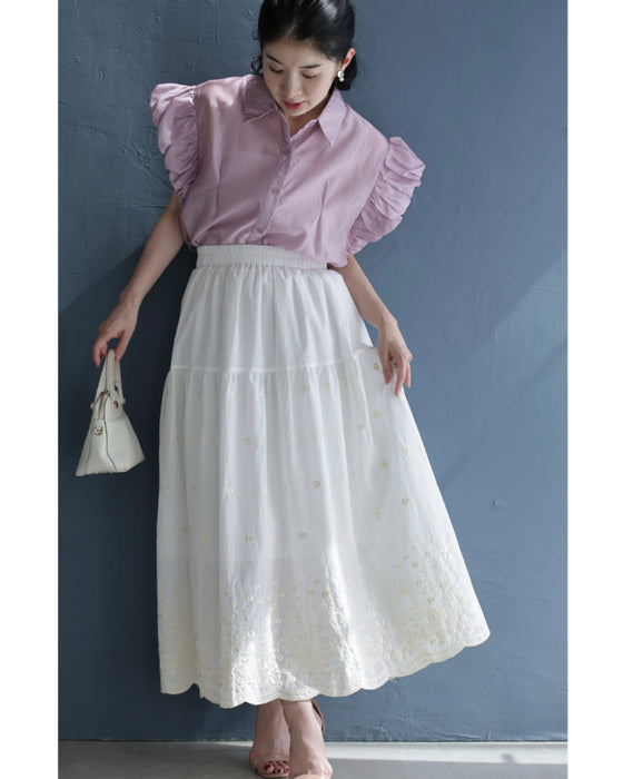 湧き上がるようなミルキーカラーの花刺繍ミディアムスカート