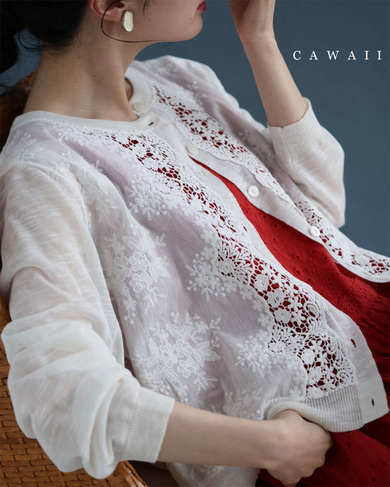雅なレースが流れる刺繍シアーカーディガン