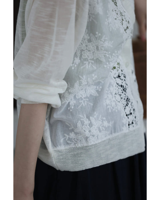 雅なレースが流れる刺繍シアーカーディガン