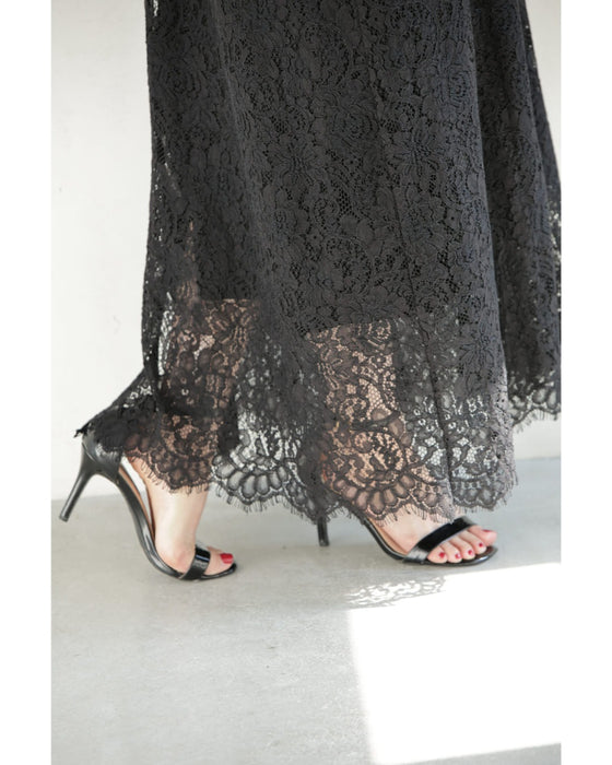 スッキリIラインの総レースロングワンピース