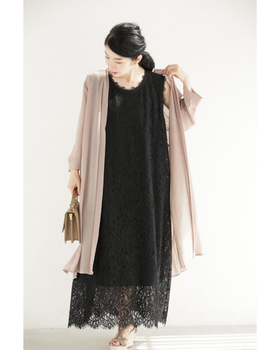 スッキリIラインの総レースロングワンピース