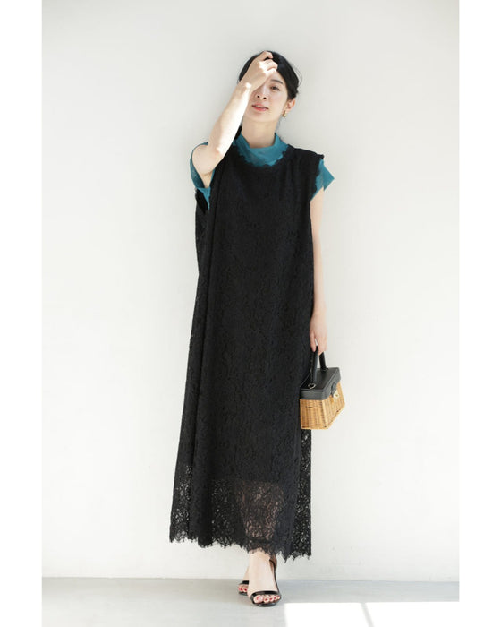 スッキリIラインの総レースロングワンピース