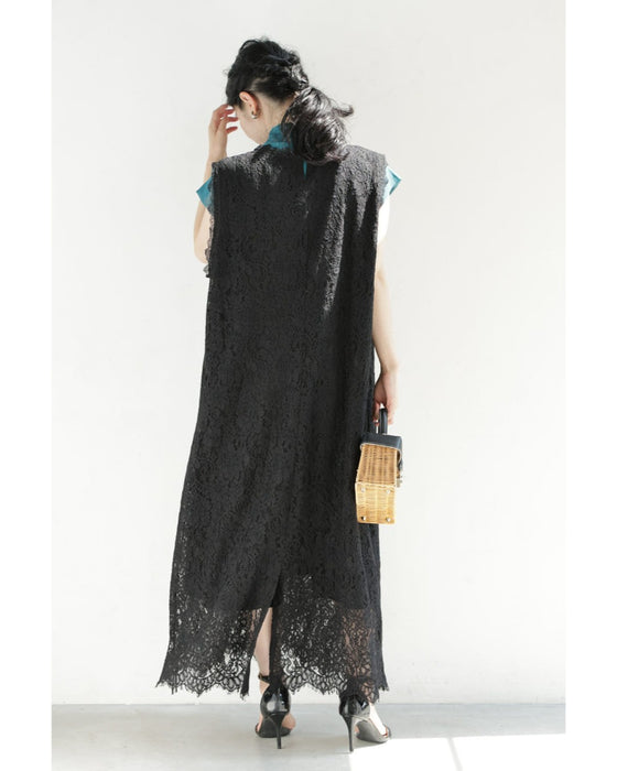 スッキリIラインの総レースロングワンピース