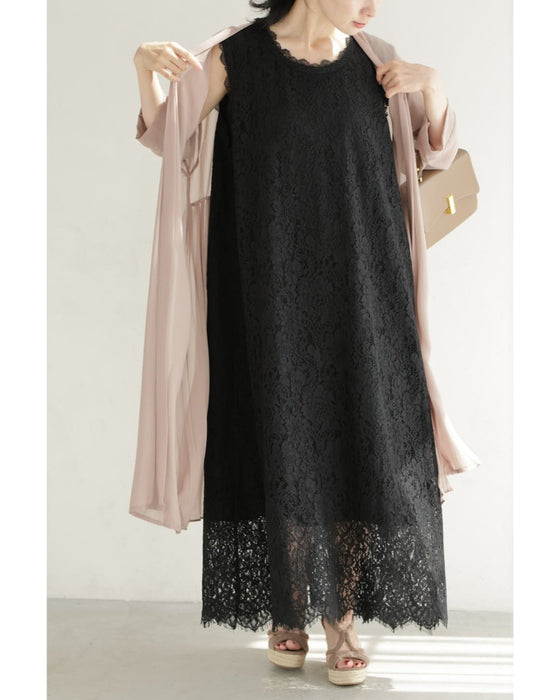スッキリIラインの総レースロングワンピース