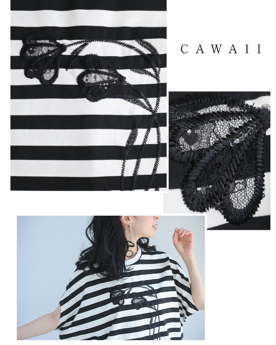 腕周りゆったりドルマンの黒花刺繍ボーダーTシャツトップス