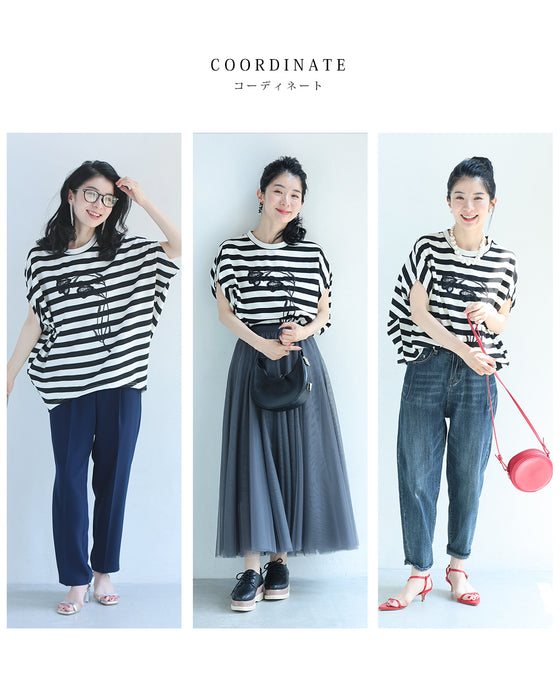 腕周りゆったりドルマンの黒花刺繍ボーダーTシャツトップス