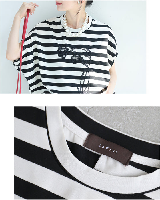 腕周りゆったりドルマンの黒花刺繍ボーダーTシャツトップス