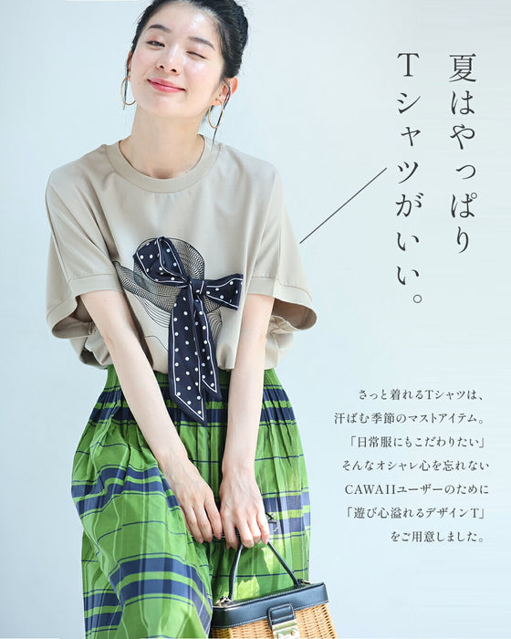 麦わら帽子のドットリボンがなびくドルマンTシャツトップス