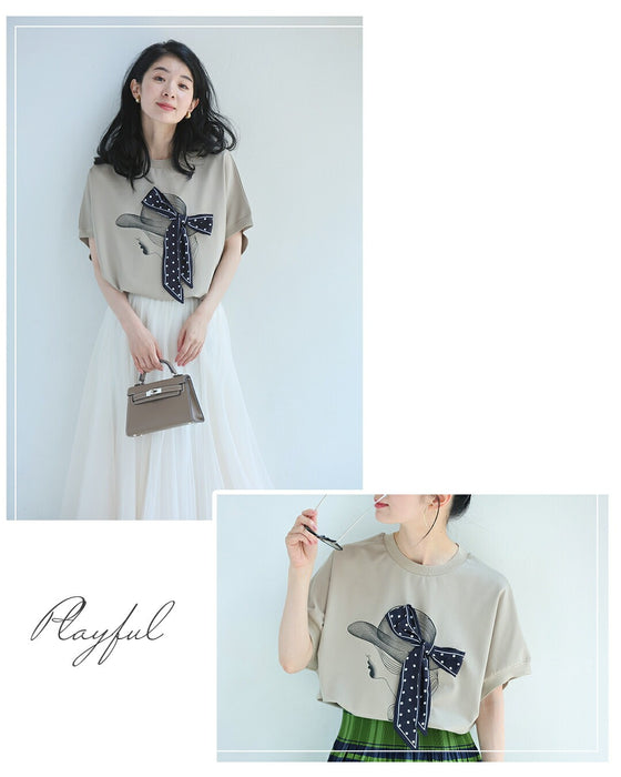 麦わら帽子のドットリボンがなびくドルマンTシャツトップス