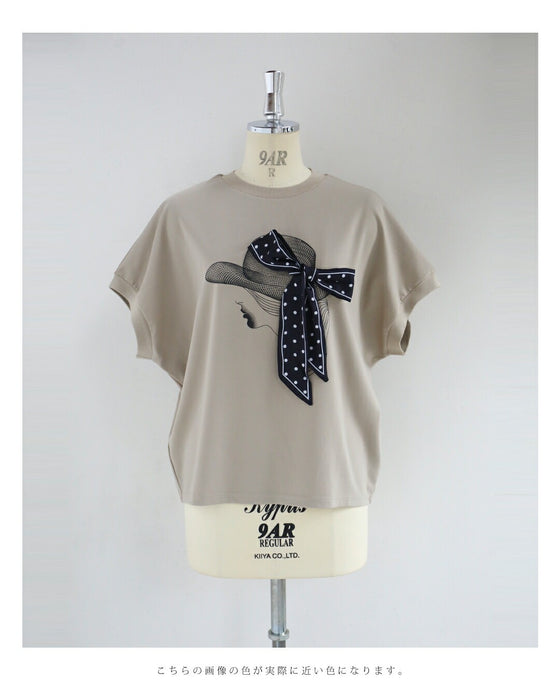 麦わら帽子のドットリボンがなびくドルマンTシャツトップス