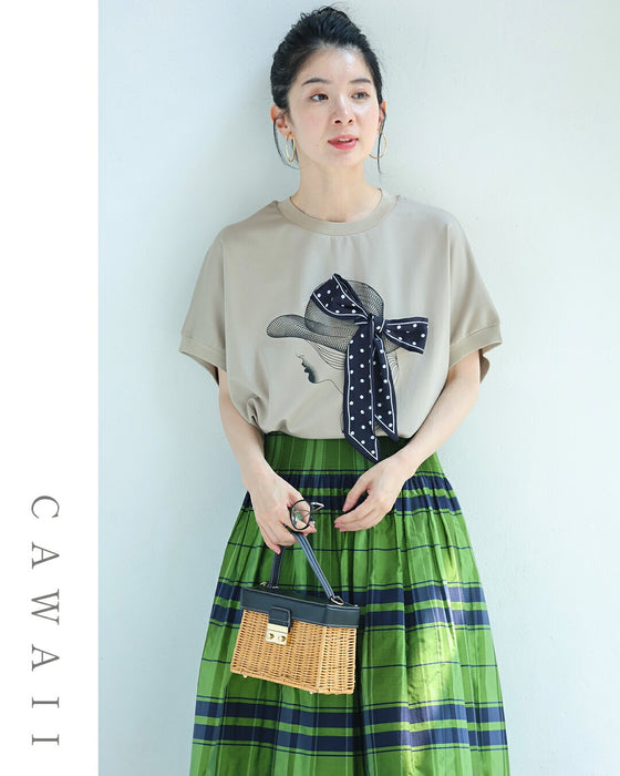 麦わら帽子のドットリボンがなびくドルマンTシャツトップス