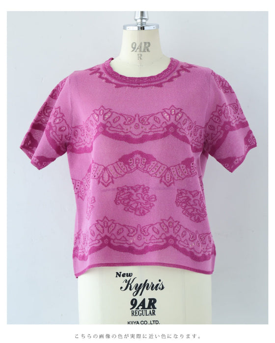 ささやかに煌めくレース柄のサマーニットプルオーバートップス