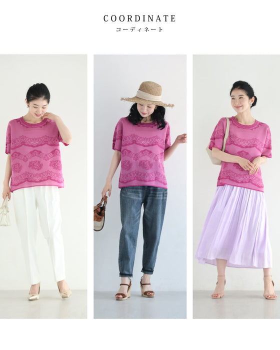 ささやかに煌めくレース柄のサマーニットプルオーバートップス