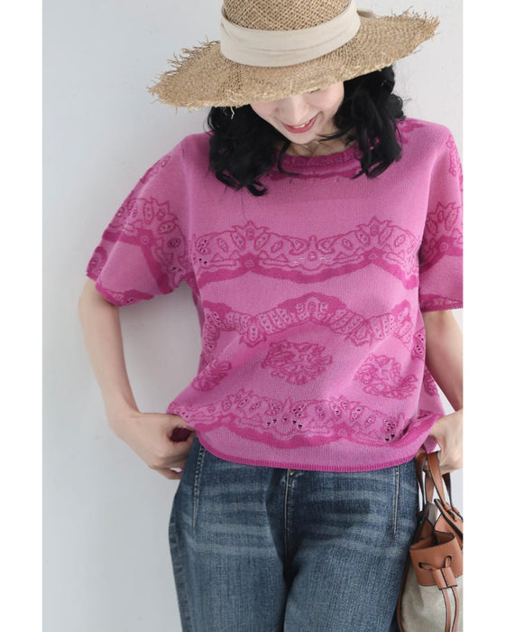 ささやかに煌めくレース柄のサマーニットプルオーバートップス